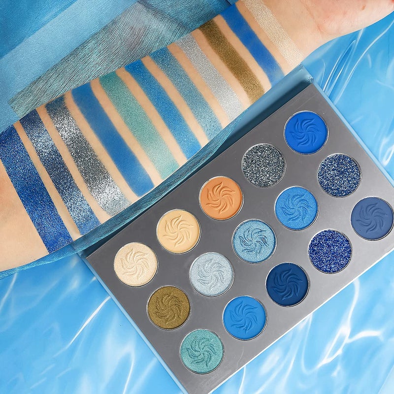 Afflano Blue Eyeshadow Palette Matte Shimmer, Highly Pigmented Waterproof Space Blue Eye Shadow Palette, Silver Navy Glitter Eyeshadow Pallet for Christmas Snowflake blue Eyes Makeup - Image 1